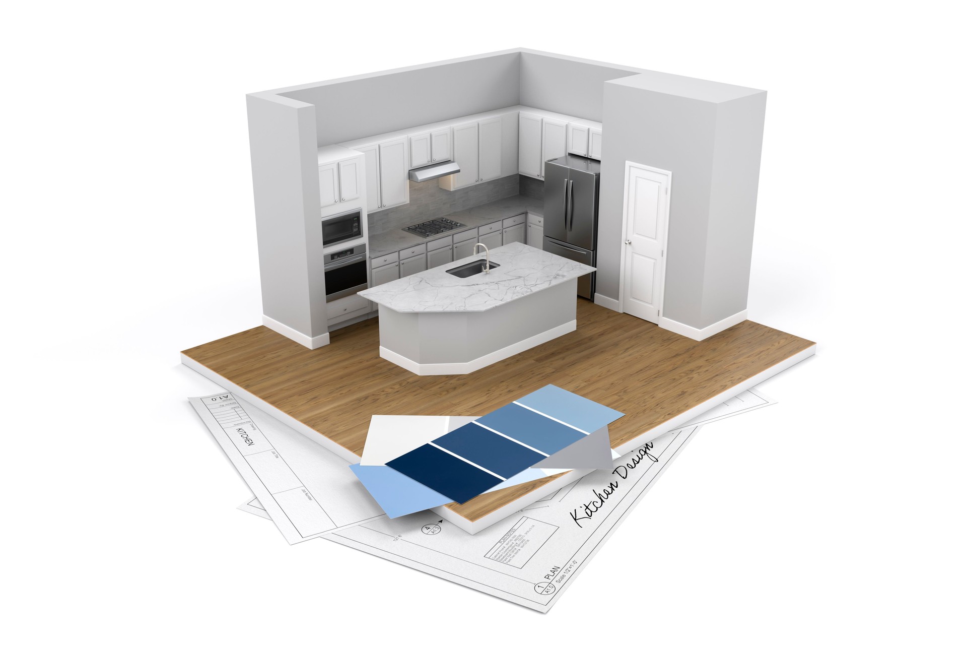 3D Modern RO Redesenata renovare Bucatarie izolata pe fond alb